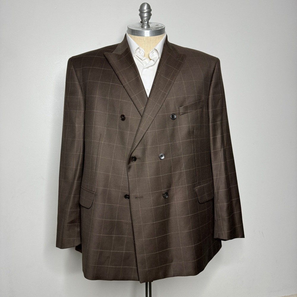 Paul‎ Fredrick Men's Brown Windowpane Check Double Breasted Wool Blazer 54R